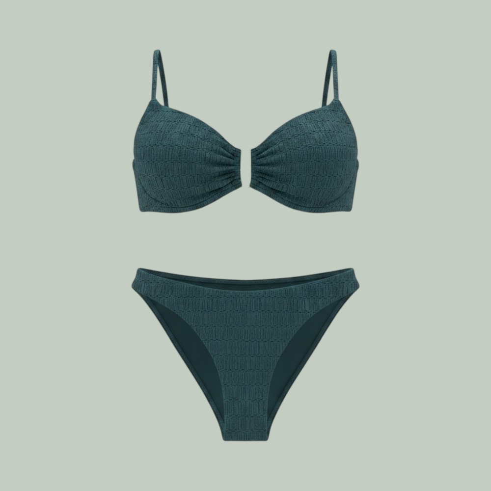 Berlook Teal Green Textured Smocked Bikini Set Recycled Fabric Size M